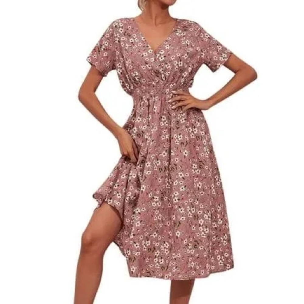 SHEIN Pink Floral Smock Waist Midi Dress Short Sleeve Mauve S 4
